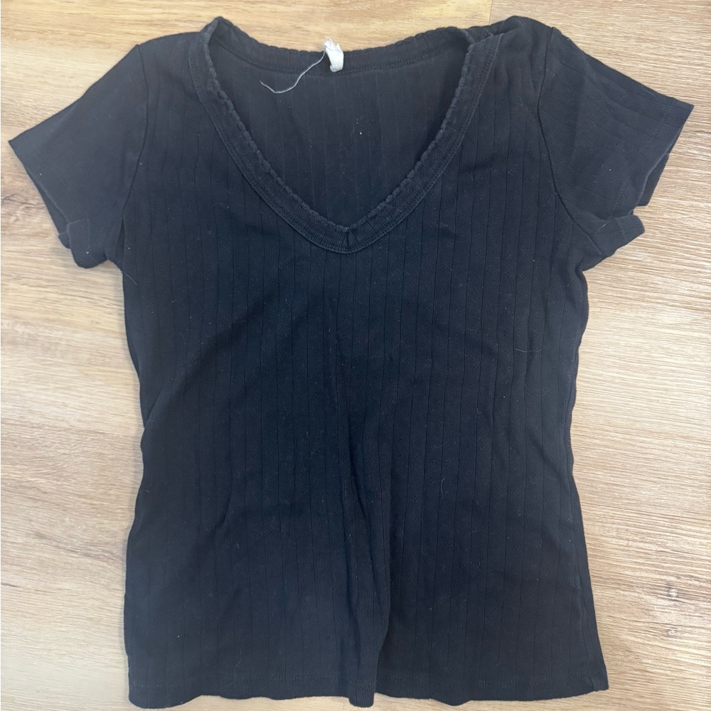 V-Neck Black Pointelle T-Shirt